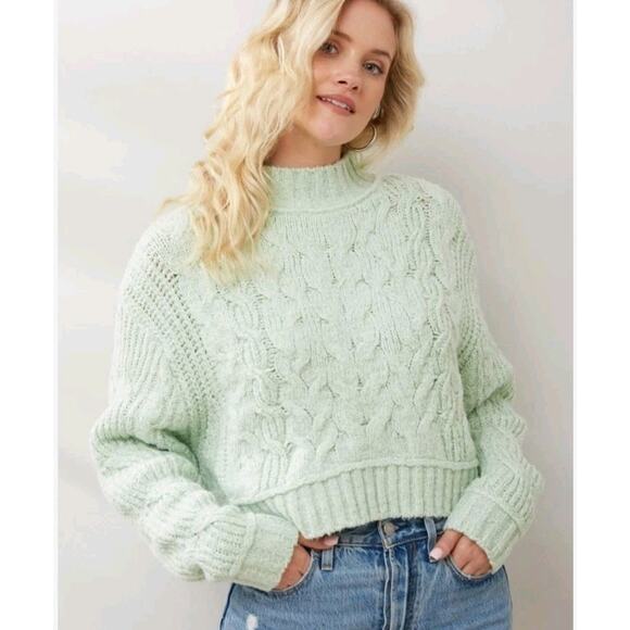 Free People Merry Go Round Sweater Size XL mint Green Cable Knit Fisherman - Picture 2 of 9